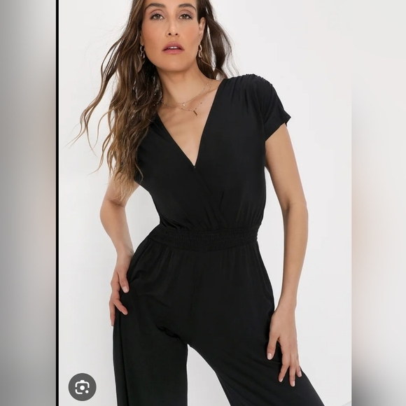 Lulu's Black V-Neck Jumpsuit with Cap Sleeves - Picture 1 of 7